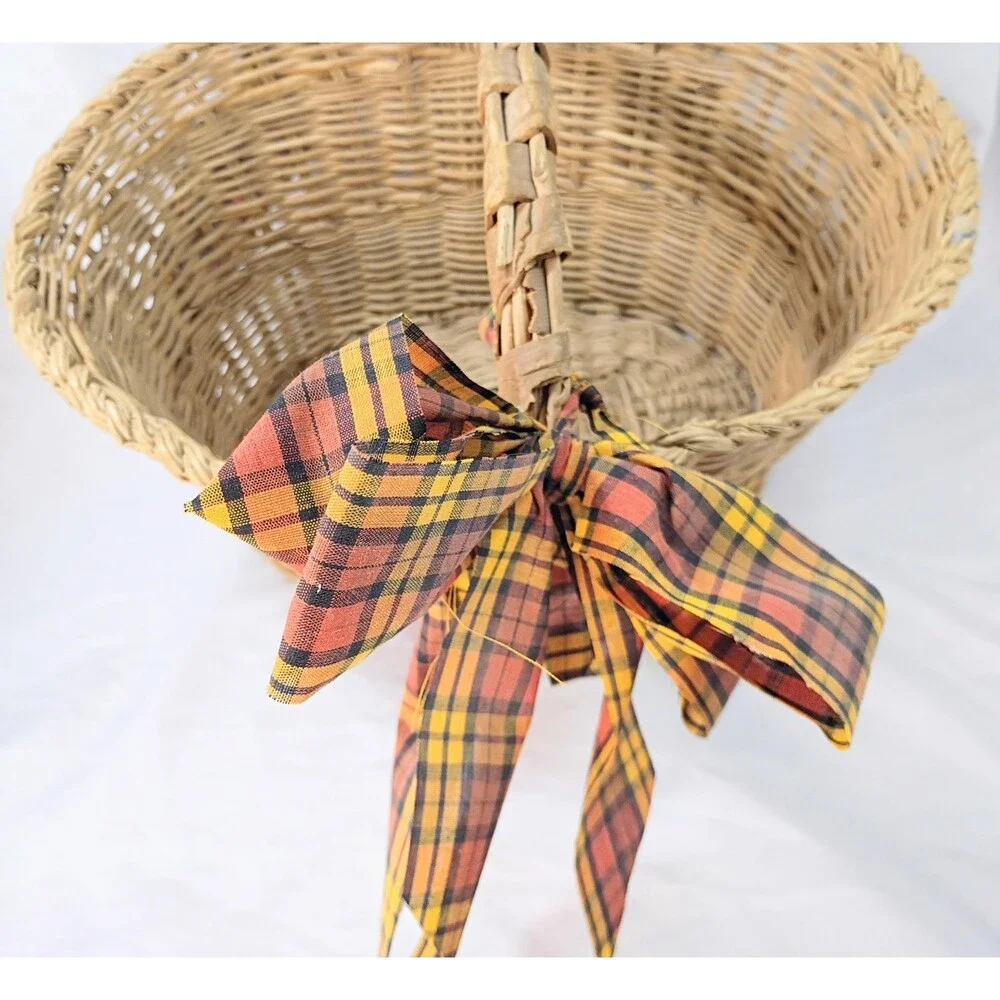 Vintage Oval Wicker Basket with Rustic Handle and Yellow/Orange Plaid Ribbon